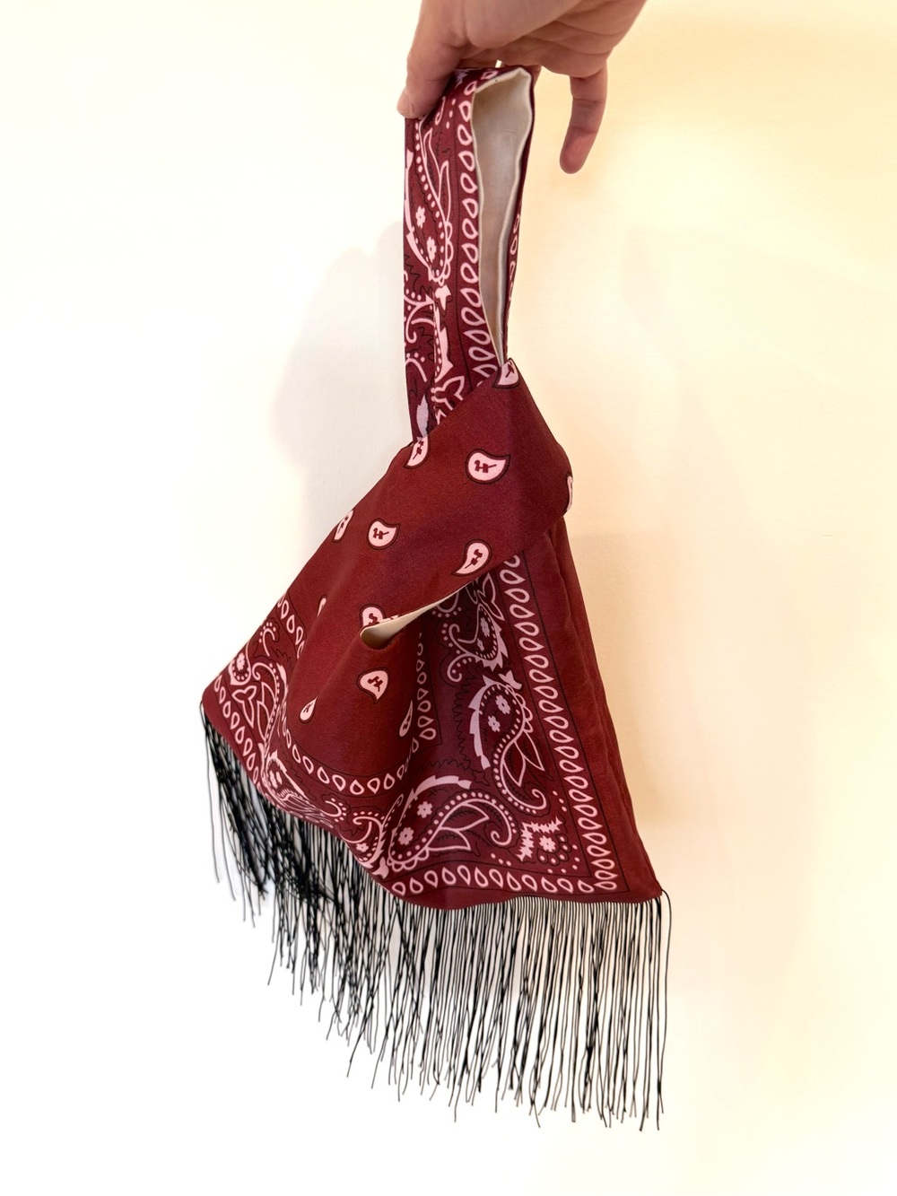 NEW Handmade Burgundy Bandana Paisley Japanese Knot Bag with Fringed Edge - Picture 4 of 6